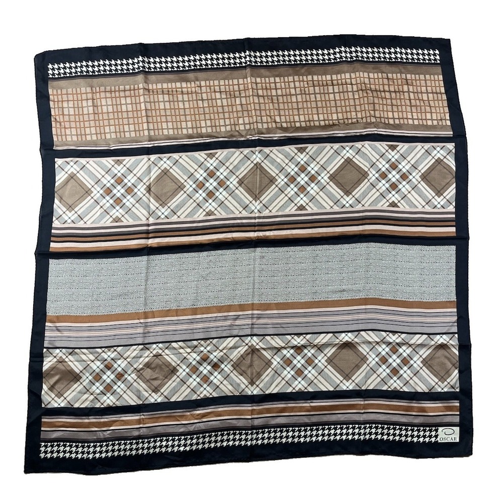Vintage Oscar De La Renta 34" Square Silk Scarf Plaid Houndstooth Striped MCM